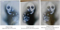 three different images of an alien woman with blue eyes