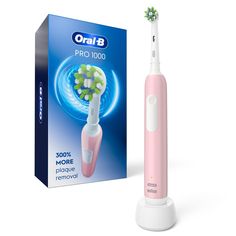 The Oral-B Pro 1000 rechargeable electric toothbrush provides a clinically proven superior deep clean in hard-to-reach areas vs. a regular manual toothbrush. 300% MORE plaque removal along the gumline versus a regular manual toothbrush. The professionally inspired design of the CrossAction brush head surrounds each tooth with bristles angled at 16 degrees. The Oral-B Pro 1000 has 3D cleaning action that oscillates, rotates, and pulsates to break up and remove plaque along the gumline than a regu Electronic Toothbrush, Power Toothbrush, Plaque Removal, Manual Toothbrush, Electric Toothbrush, Electric Power, Oral Hygiene, Rechargeable Battery, Oral Care