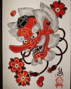 Tengu Mask Tattoo, Mystery Tattoo, Japanese Cloud Tattoo, Tengu Tattoo, Sakura Watercolor, Japanese Demon Tattoo, Japanese Mask Tattoo, Japan Tattoo Design, Japanese Mask