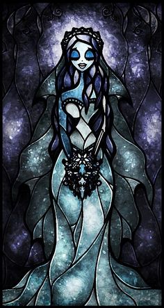 a stained glass window with a woman dressed in blue