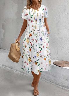 White Non-stretch Casual Midi Dress, Casual Non-stretch White Midi Dress, Non-stretch White Floral Print Dress, White Non-stretch Short Sleeve Midi Dress, White Non-stretch Midi Dress With Short Sleeves, White Midi Dress With Short Sleeves, Boutique Style Outfits, Round Neck Dress, Style Steal