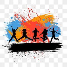 the silhouettes of people running with colorful paint splatters on them, as well as