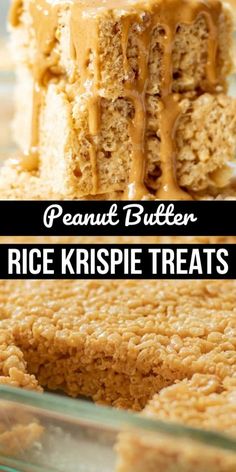 peanut butter rice krispie treats stacked on top of each other with the words, peanut butter rice krispies