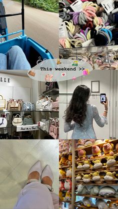 a collage of photos with people shopping and taking pictures