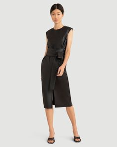 Pilar Vegan Leather Tie-Front Dress Sleek Leather Dress For Work, Sleek Leather Dresses For Workwear, Sleek Leather Workwear Dress, Modern Evening Midi Dress For Fall, Elegant Knee-length Leather Midi Dress, Chic Leather Midi Dress For Date Night, Chic Leather Workwear Dress, Sleek Midi Dress, Elegant Leather Midi Dress