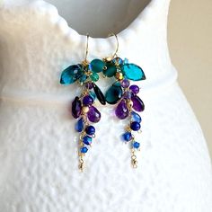 Peacock Cluster Earrings Teal Gemstone Earrings Amethyst Aqua Gemstone, Purple Quartz, Amethyst Cluster, Cluster Earrings, Ear Wire, Chandelier Earrings, Long Earrings, Volcano, Designer Earrings