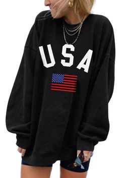 Black Usa Flag Print Drop Sleeve Oversized Sweatshirt Oversized Fall Tops For College, Oversized Tops For College In Fall, Oversized Sporty T-shirt For Winter, Oversized Sporty Winter T-shirt, Sporty Oversized Winter T-shirt, Black Relaxed Fit Sweater For College, Black Drop Shoulder Top For Winter, Oversized Winter T-shirt, Oversized Black Drop Shoulder Sweater