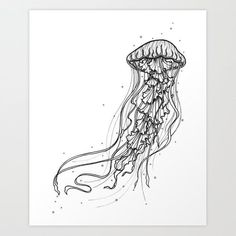 a black and white drawing of a jellyfish art print by artist markiek