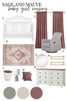 a baby's nursery room with furniture and accessories, including a white crib