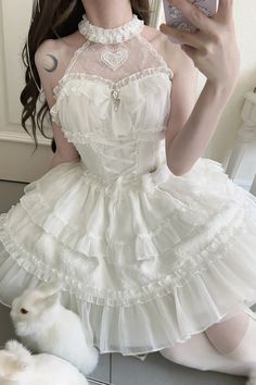 White Halterneck Triple-Layered Bowknot Lace Sweet Lolita Jsk Dress – LolitaInside Lotia Fashion, White Fitted Kawaii Dress, Fitted White Fairy Kei Dress, Hanging Dresses, Fitted Fairy Kei White Dress, White Harajuku Mini Dress, Jsk Dress, White Kawaii Dress With Lace Trim, White Prom