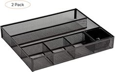 an open black mesh drawer with two compartments on the bottom and one compartment below it