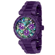 This Invicta watch is the very first one produced in its limited edition series. From the Subaqua collection, it holds an exact Quartz movement, as well as a purple case. On its face you can find a , abalone dial covered by a durable Flame Fusion Crystal. This style is finished by a reliable purple, stainless steel band, and it offers 200 m water resistance.For a limited time, Eyal Lalo is opening up his private vault of exclusive first editions, giving you a once in a lifetime opportunity to ma Modern Purple Watch With Round Dial, Purple Chronograph Watch Accessories With Round Dial, Purple Quartz Watch Accessory With Round Dial, Purple Analog Watch, Watches 2022, Invicta Watches Women, Watch Display Case, Purple Cases, Invicta Watches