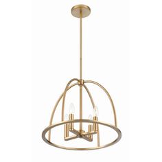 an image of a chandelier with three lights in gold finish and round metal frame