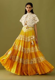 Yellow Embroidered Cutwork Skirt Lehenga Yellow, Tiered Lehenga, Chanderi Lehenga, Cape For Women, Nykaa Fashion, Cape Top, Lehenga Online, Lehenga Skirt, International Style