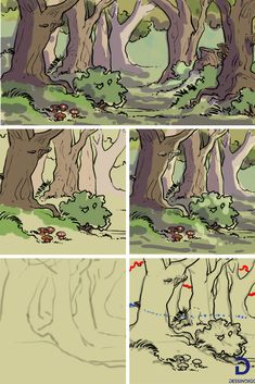 four different views of trees in the woods