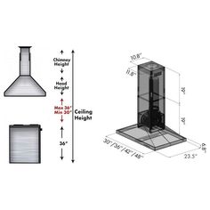 a drawing of a stove and chimney with measurements