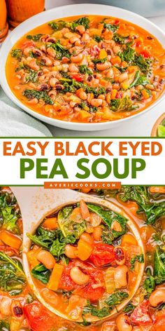 Hearty, savory, smokey and the PERFECT wintertime comfort food soup recipe! Tender black eyed peas, chunks of ham, along with vegetables and greens keeps this EASY soup recipe intensely flavorful! This soup keeps you full for hours and warms you from the inside-out!