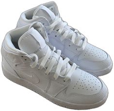 White Nike Jordan High-top Shoes, White High-top Nike Jordan Shoes, White High-top Custom Sneakers With Elastic Laces, Casual White Nike Jordan Shoes, White Nike Jordan Shoes With Round Toe, Nike White Mid-top Jordan Shoes, Nike White High-top Sneakers With Perforations, Nike White Lace-up Jordan Shoes, White Lace-up Nike Jordan Shoes