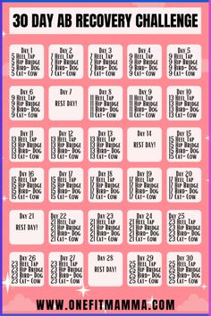 the 30 day ab recovery challenge is shown in pink and blue with stars on it