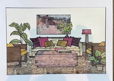 a drawing of a living room with couches, tables and potted plants in it