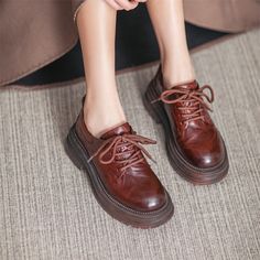 Retro Lace Up Leather Shoes Round Toe Chunky Oxford Shoes Black/Brown/Beige Chunky Oxford Shoes, Unique Beauty, Rubber Heels, Brown Beige, Platform Shoes, Shoes Black, Casual Jeans, Cow Leather, Leather Shoes