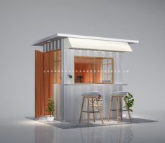 a small house with two stools in front of it