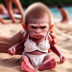 a baby monkey in a bathing suit on the beach with its hands around it's head