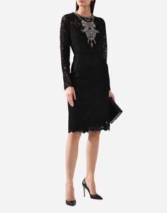 Our black cotton blend Crystal Embellished Lace Dress from Dolce & Gabbana features sheer panels and scalloped details, showcasing their expertise in mixing heritage tulle for a romantic, feminine look. With round neck long sleeves, this mid-length is the perfect addition to any elegant occasion. Floral Pumps, Short Loungewear, Dolce Gabbana Shoes, Moccasin Boots, Hair Accessories Jewelry, Scalloped Lace, Mid Length Dresses, Feminine Look, Sheath Dress