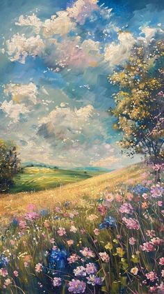 a painting of a field with flowers and trees