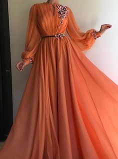 A-Line Wedding Guest Dresses Minimalist Dress Prom Floor Length Long Sleeve Jewel Neck Belt / Sash Chiffon with Pleats Pearls Beading 2023 2023 - US $163.99 Ankara Clothes, Orange Prom Dresses, Long Sleeve Prom, Long Evening Dress, Evening Gowns Elegant, Prom Dresses Vintage, فستان سهرة, Prom Dresses Long With Sleeves, Chiffon Prom Dress