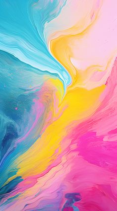 an abstract painting with blue, yellow and pink colors