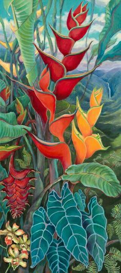 a painting of tropical plants and flowers