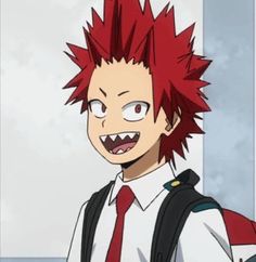 an anime character with red hair wearing a backpack