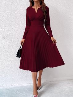 Burgundy Elegant Collar Long Sleeve Knitted Fabric Plain A Line Embellished Slight Stretch  Women Clothing Bodycon Evening Dress, Notched Neckline, Camisole Dress, Formal Dresses For Women, Women Midi, Floral Pants, Loungewear Set, Hem Dress, Two Piece Dress