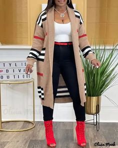 Olivia Mark - Long striped open cardigan Ripped Jeans Style, Ripped Jeans Women, Mom Pants, Plus Size Fall, Longline Cardigan, Casual Stripes, Striped Cardigan, Open Cardigan