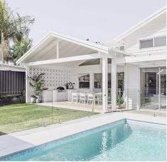 a house with a pool in front of it