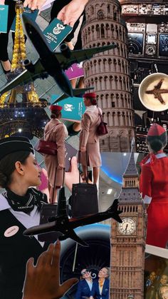 the collage shows people in different places around the world, including big ben and london