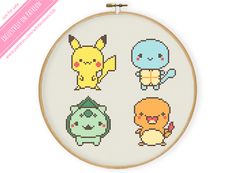 a cross stitch pattern with four different pokemons