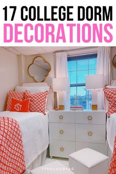 a bedroom with red and white bedding, dressers, mirror and window in it