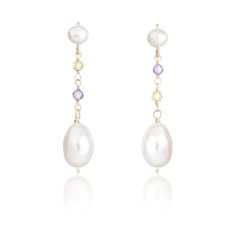 Elegant pearl drop earrings handcrafted in 14k gold-filled, peridot, purple zircon and lustrous Keshi pearls - suitable for all occasions. Discover elegance in every sway with our meticulously handcrafted long pearl drop earrings, formed from 14k gold filled wire. Anchored by a stud earring adorned with a baroque freshwater pearl, they cascade with a purple zircon and a peridot gemstone. The journey culminates in a captivatingly asymmetric large keshi pearl, drawing attention with its natural ir Baroque Pearl Dangle Earrings Set, Delicate Baroque Pearl Dangle Jewelry, Elegant Birthstone Drop Earrings, Dainty Baroque Pearl Dangle Jewelry, Elegant 14k Gold Filled Briolette Earrings, Elegant Long Drop Birthstone Jewelry, Elegant Dangle Birthstone Jewelry, Elegant 14k Gold Filled Gemstone Jewelry, Long Drop Baroque Pearl Jewelry As Gift