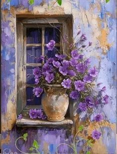 a painting of purple flowers in a vase on a window sill