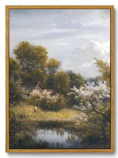 an oil painting of a house in the middle of a field with trees and flowers