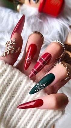 50+ Festive Holiday Nail Designs & Ideas Red Plaid + Green Christmas Festive Nails Christmas, Festive Holiday Nails, Christmas Nail Colors, Season Nails, Snowflake Nail, Candy Nails, Festive Nail Art