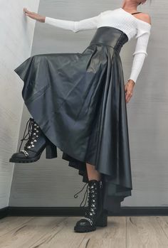 New Collection Eco Leather Skirt High Waist Black Skirt - Etsy Leather Skirt Long, Clothes Alt, Woman Skirt, Skirt Aesthetic, Steampunk Skirt, Asymmetric Skirt, Wedding Skirt, Asymmetrical Blouse, Skirt High Waist