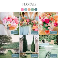 the color scheme for this wedding is peach, pink and green with an assortment of flowers