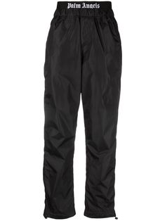 black high-shine finish logo waistband elasticated waistband tapered leg drawstring hem Angels Logo, Tapered Trousers, Tapered Pants, Palm Angels, Mix N Match, Curator Style, Tapered Legs, Parachute Pants, Fashion Branding