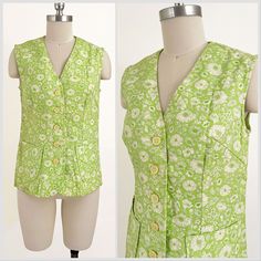 "Deadstock 1960s lime green mod floral canvas vest. Button-down style with large patch pockets on the front. Original label was cut but still has tags attached. Has some discoloration near the hem - see photos. In great vintage condition. All measurements are taken with the garment laying flat and doubled for the bust, waist, and hips.  Bust: 34\" (wiggle room recommended) Shoulder to Shoulder: 14\" Shoulder to Pit: 7.5\" Length (center back neck to hem): 23.5\" Label: None (removed) Size on Tag Fitted Green Vest With Button Closure, Green Buttoned Vest For Workwear, Retro Cotton Vest With Buttons, Spring Cotton Vest With Buttons, Retro Vest With Pockets For Spring, Vintage Summer Vest With Button Closure, Green Cotton Vest For Spring, Retro Spring Vest For Workwear, Spring Green Vest With Pockets