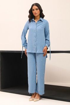 Blue shirt with all over dangling crystal hand embroidery. Paired with an inner coordinating bustier and pant. - Aza Fashions Embellished Long Sleeve Workwear Sets, Long Sleeve Embellished Sets For Workwear, Embellished Long Sleeve Sets For Workwear, Paris Shirt, Shirt Pant, Shirt Pant Set, Pant Sets, Full Sleeves, Pant Set