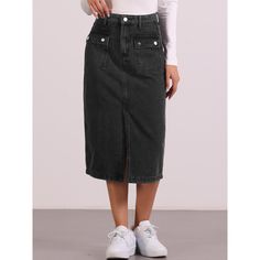 Elevate your style with the fashionable Denim Skirt for Women! This versatile skirt features a button-down design, flattering high waist, two functional pockets, and a playful split hem. Whether paired with a blouse, sweater, blazer, or high heels, it effortlessly enhances your chic look. A must-have addition to your wardrobe, this denim skirt combines comfort and style for any occasion, making it a fashion-forward essential. Midi Jeans Skirt, Jean Skirt Black, Midi Jean Skirt, Casual Denim Skirt, Skirt With Split, Midi Jeans, Denim Skirt Women, Sweater Blazer, Skirt For Women