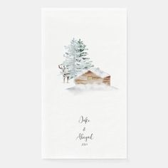 a christmas card with an illustration of a cabin in the snow and trees on it